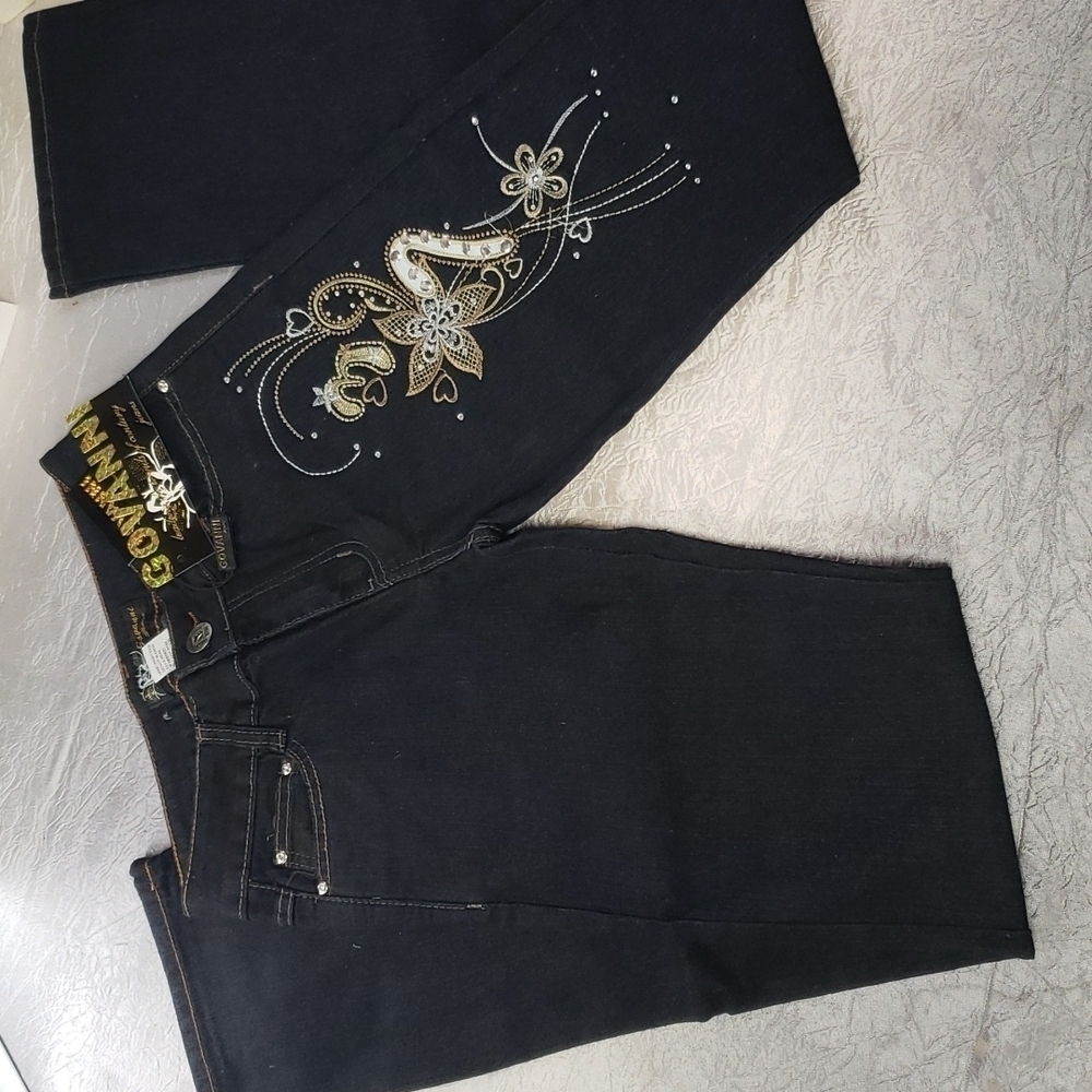 NWT Women's Dark Denim Floral Print Comfy Fit Straight Leg